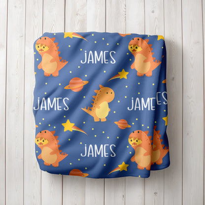 Personalized Gift | Custom Name Dinosaur and Space Blanket For Kids BL-10